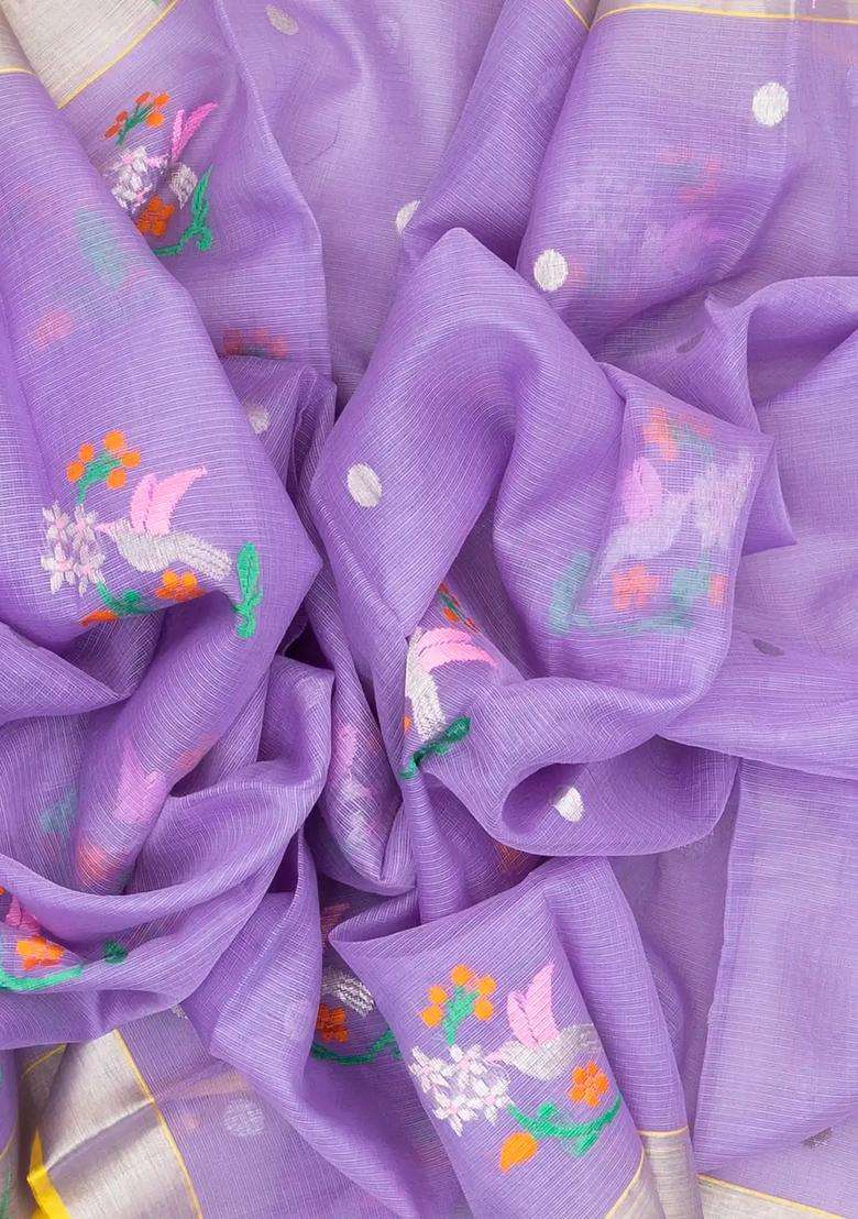 Lavander Lavender Handloom Kota Silk Cotton Saree With Meena Bird Motifs With Buttas And Brocade Design For Women - Indya