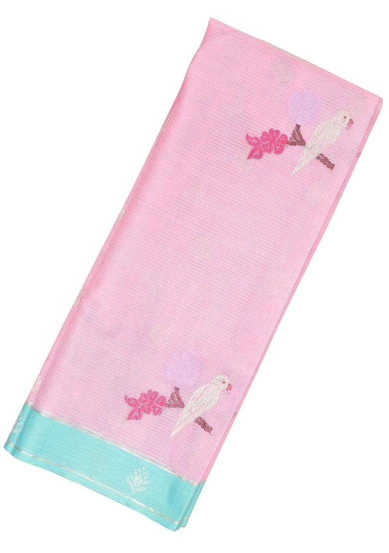 Baby Pink Handloom Kota Silk Cotton Saree With Meena Bird Motifs With Buttas And Brocade Design For Women - Indya