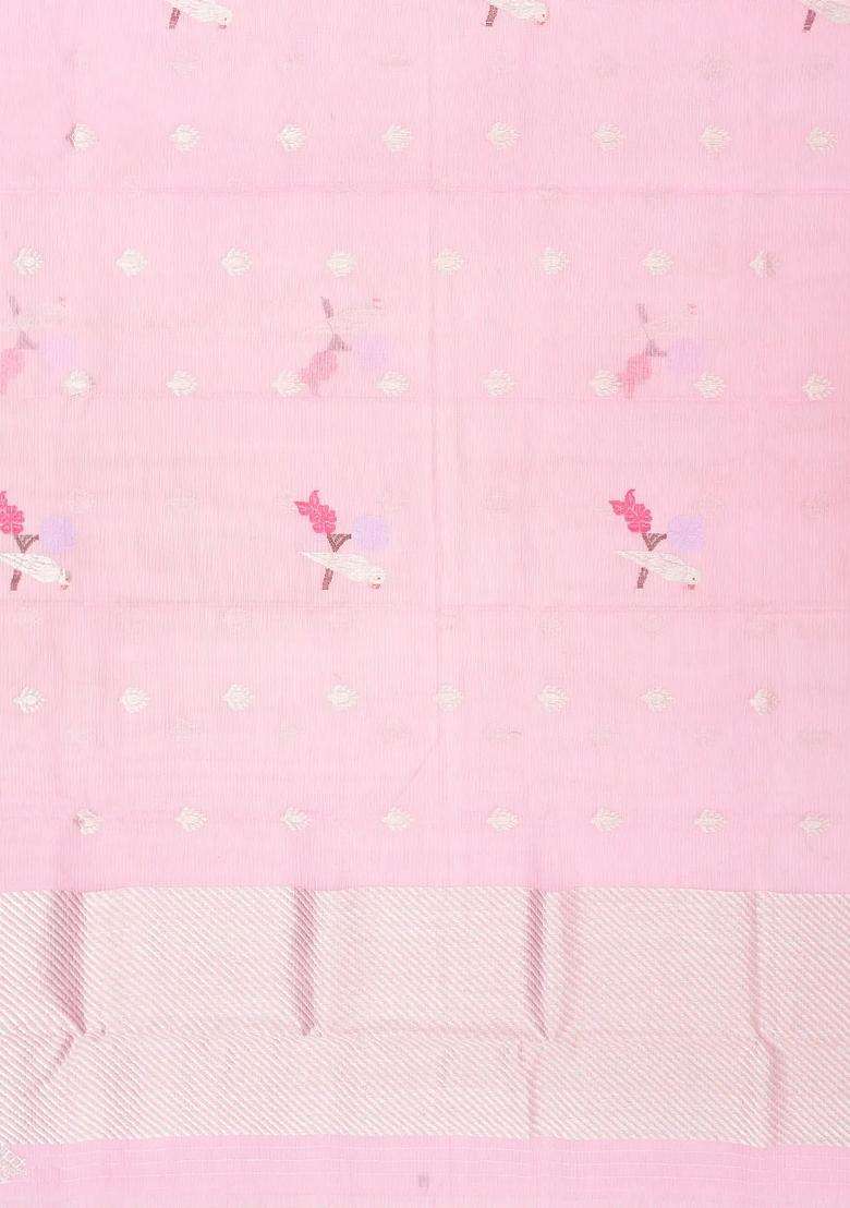 Baby Pink Handloom Kota Silk Cotton Saree With Meena Bird Motifs With Buttas And Brocade Design For Women - Indya