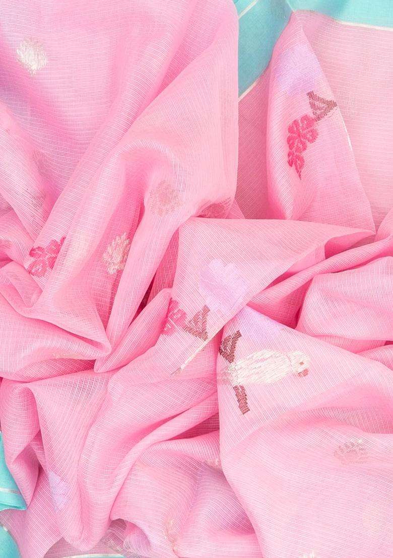 Baby Pink Handloom Kota Silk Cotton Saree With Meena Bird Motifs With Buttas And Brocade Design For Women - Indya