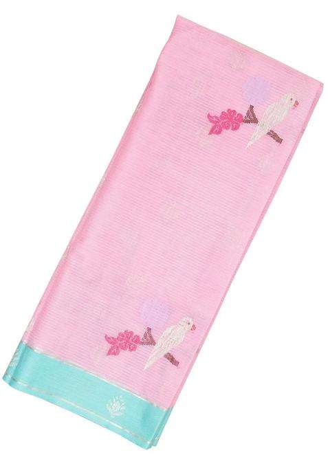 Baby Pink Handloom Kota Silk Cotton Saree With Meena Bird Motifs With Buttas And Brocade Design For Women