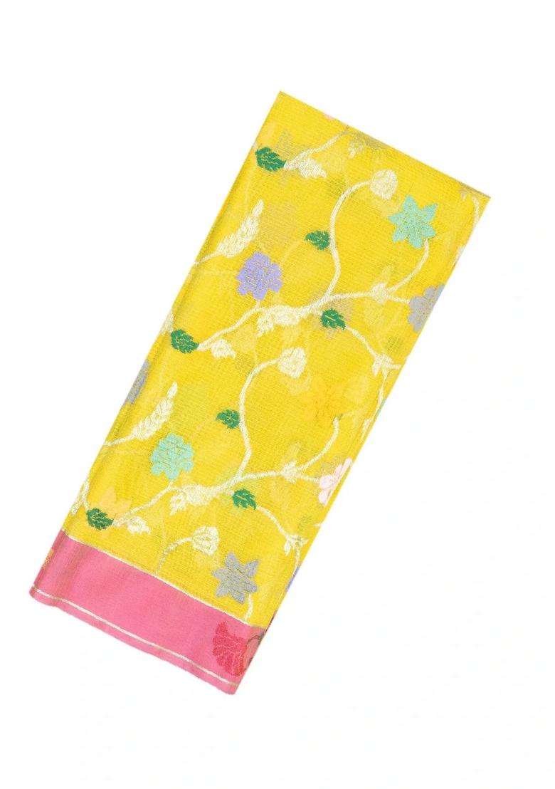 Yellow Handloom Kota Silk Cotton Saree With Meena Floral Vine Motifs With Buttas And Brocade Design For Women - Indya