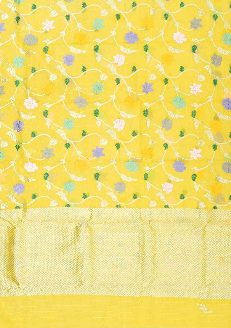 Yellow Handloom Kota Silk Cotton Saree With Meena Floral Vine Motifs With Buttas And Brocade Design For Women - Indya