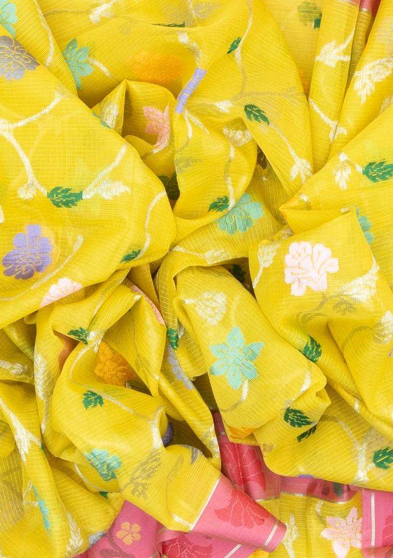 Yellow Handloom Kota Silk Cotton Saree With Meena Floral Vine Motifs With Buttas And Brocade Design For Women - Indya