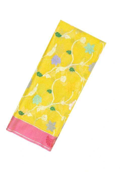 Yellow Handloom Kota Silk Cotton Saree With Meena Floral Vine Motifs With Buttas And Brocade Design For Women