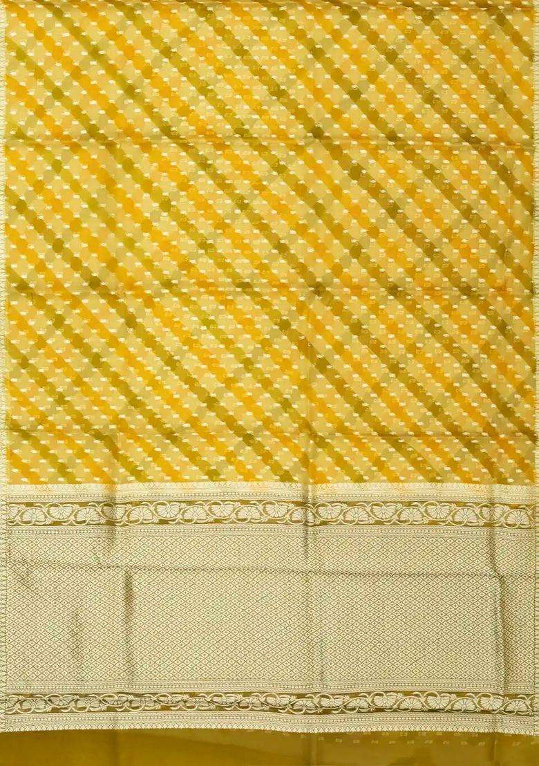 Mustard Handloom Banarasi Organza Silk Saree With Floral Motifs With Buttas And Brocade Design For Women - Indya