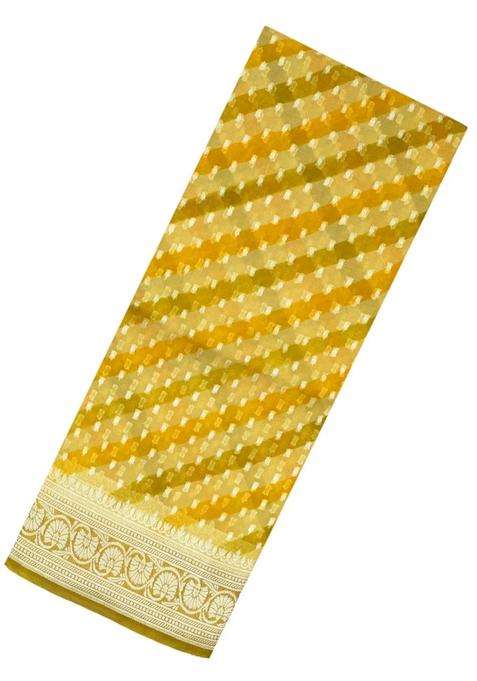 Mustard Handloom Banarasi Organza Silk Saree With Floral Motifs With Buttas And Brocade Design For Women