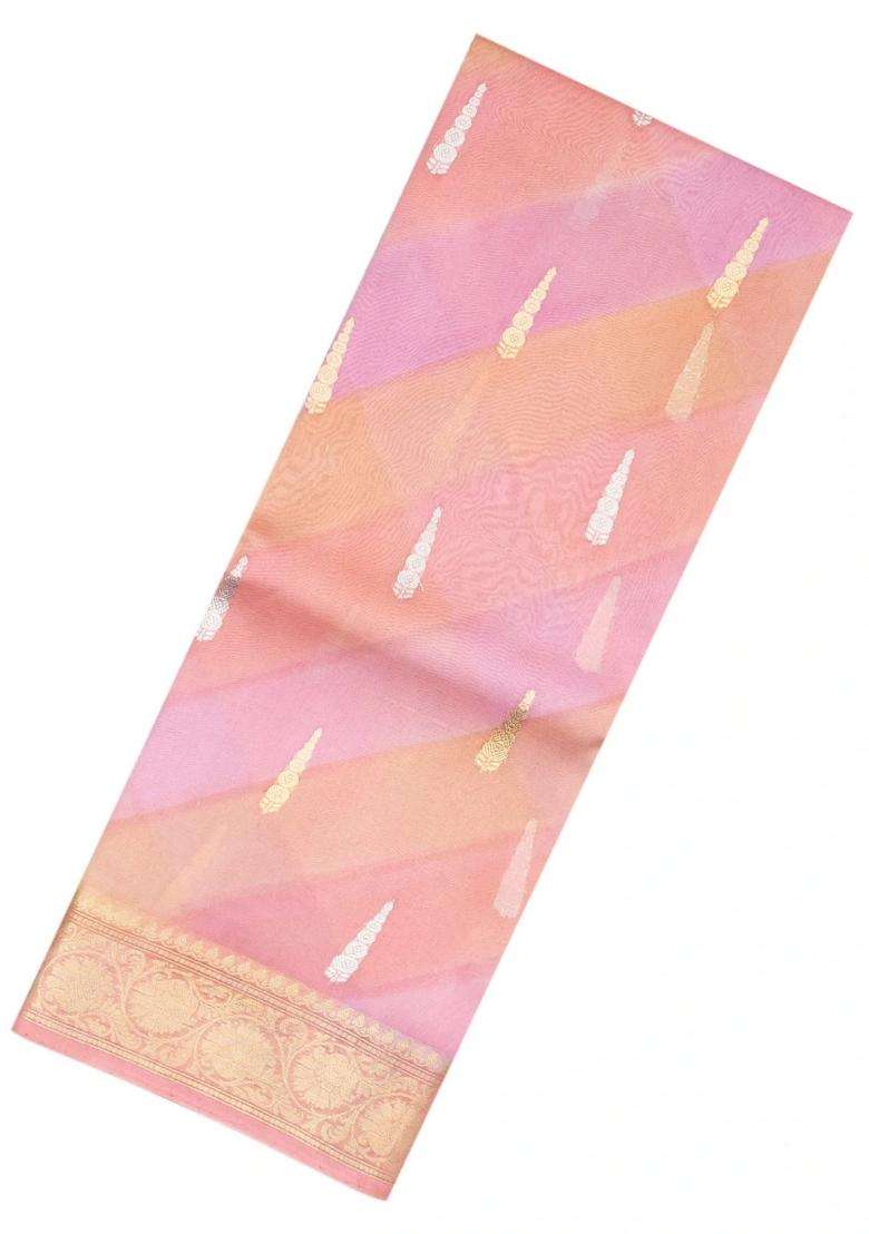 Peach Handloom Banarasi Organza Silk Saree With Floral Motifs With Buttas And Brocade Design For Women - Indya