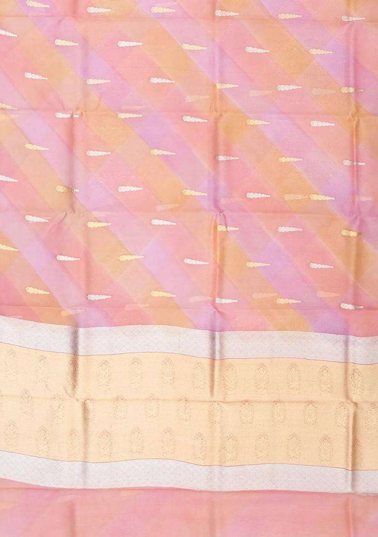 Peach Handloom Banarasi Organza Silk Saree With Floral Motifs With Buttas And Brocade Design For Women - Indya