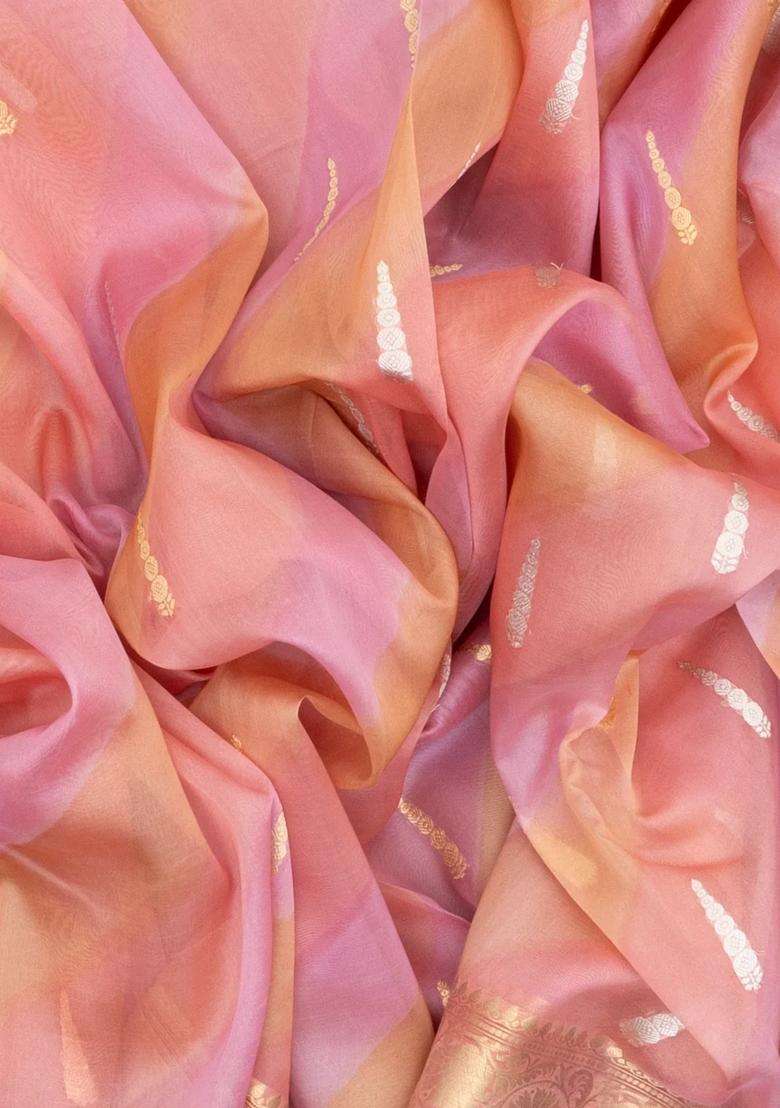 Peach Handloom Banarasi Organza Silk Saree With Floral Motifs With Buttas And Brocade Design For Women - Indya
