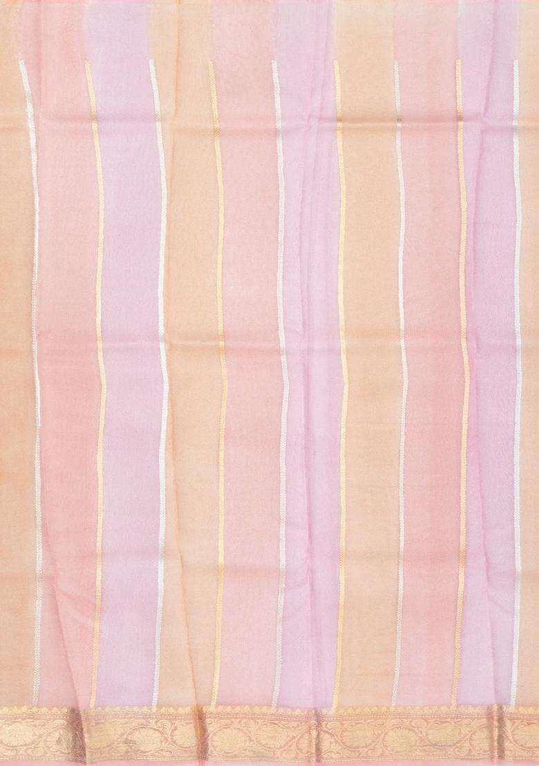 Peach Handloom Banarasi Organza Silk Saree With Floral Motifs With Buttas And Brocade Design For Women - Indya