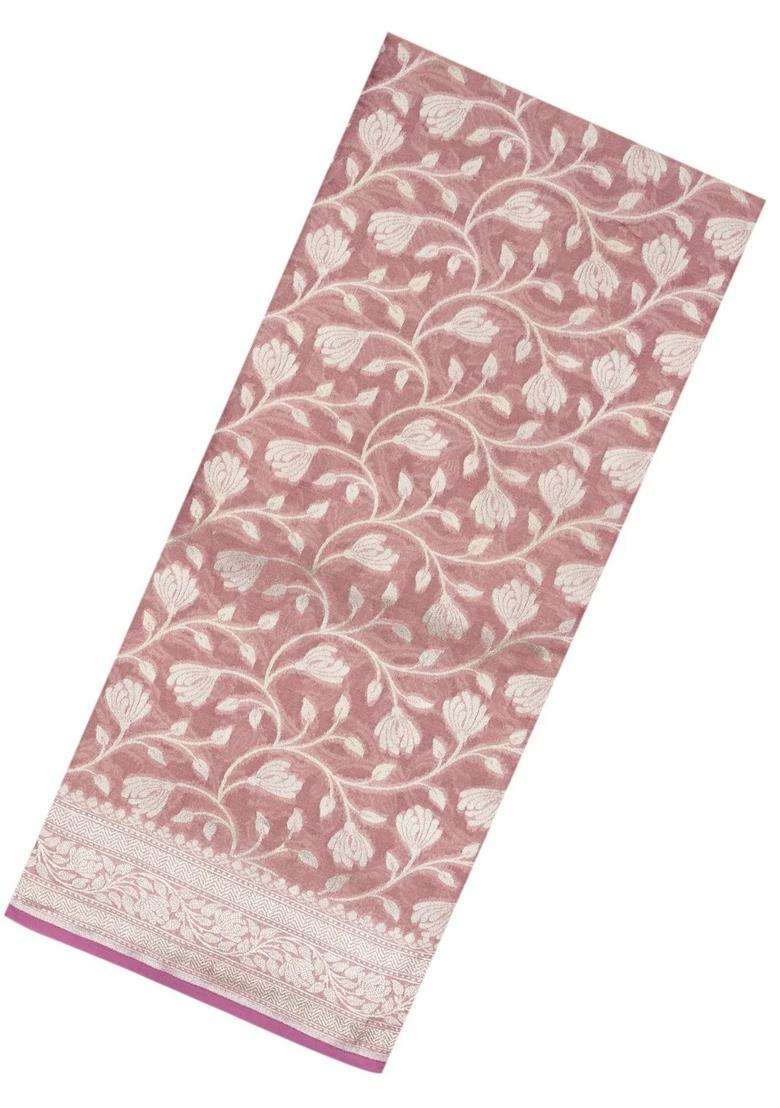 Dusty Pink Handloom Banarasi Tissue Silk Saree With Floral Vine Motifs With Buttas And Brocade Design For Women - Indya