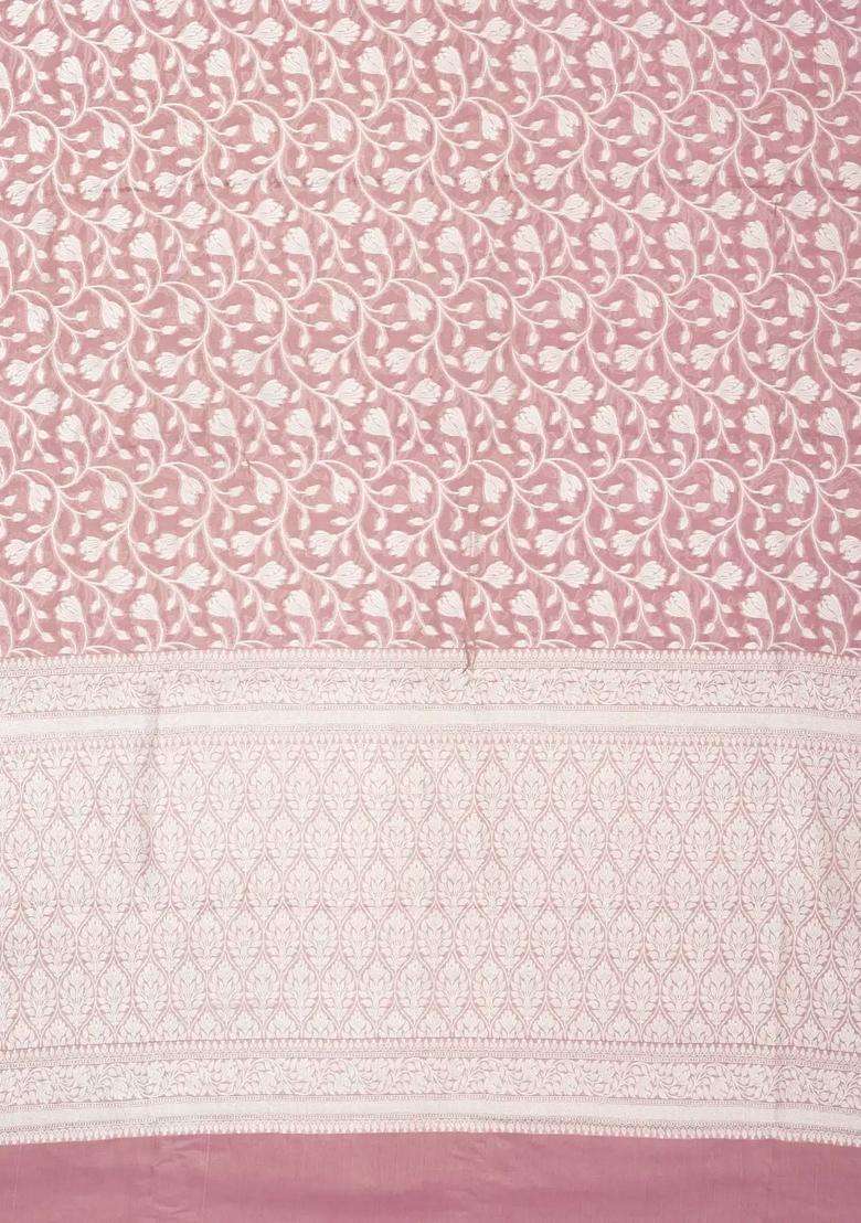 Dusty Pink Handloom Banarasi Tissue Silk Saree With Floral Vine Motifs With Buttas And Brocade Design For Women - Indya