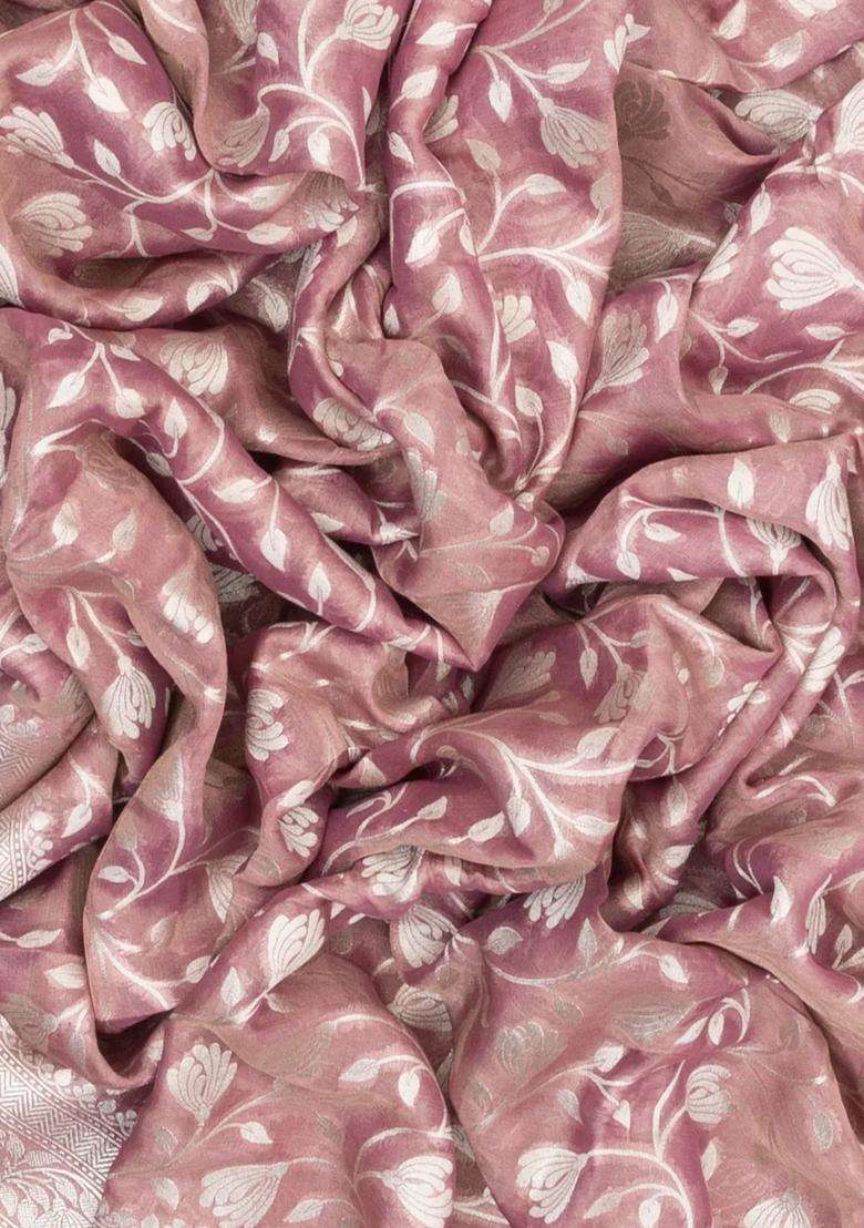 Dusty Pink Handloom Banarasi Tissue Silk Saree With Floral Vine Motifs With Buttas And Brocade Design For Women - Indya