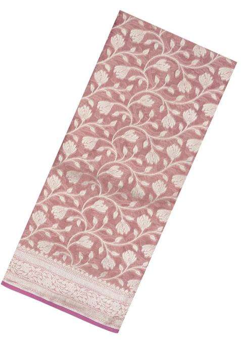 Dusty Pink Handloom Banarasi Tissue Silk Saree With Floral Vine Motifs With Buttas And Brocade Design For Women