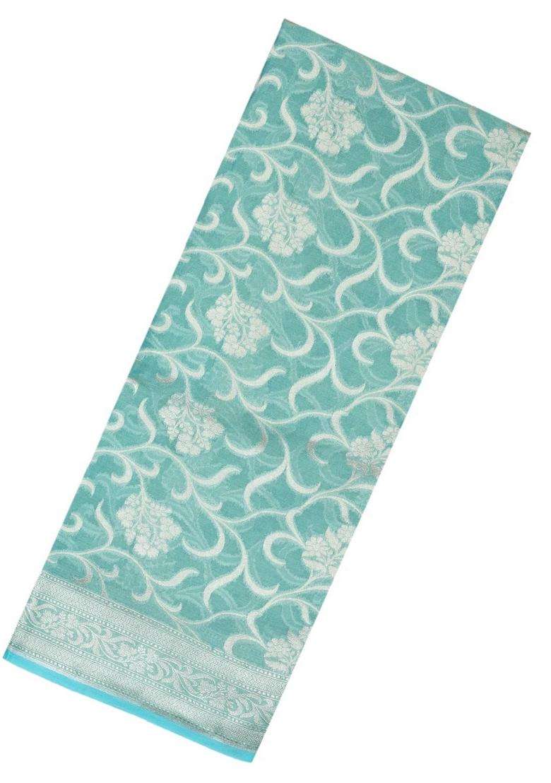 Turquoise Handloom Banarasi Tissue Silk Saree With Floral Vine Motifs With Buttas And Brocade Design For Women - Indya