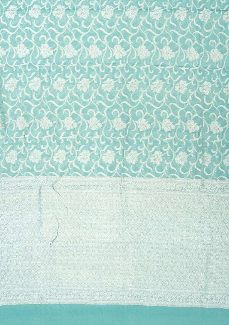 Turquoise Handloom Banarasi Tissue Silk Saree With Floral Vine Motifs With Buttas And Brocade Design For Women - Indya