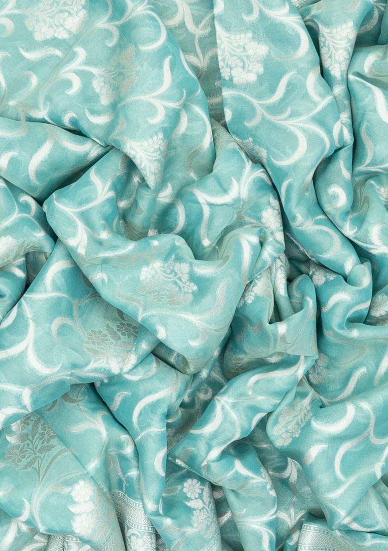 Turquoise Handloom Banarasi Tissue Silk Saree With Floral Vine Motifs With Buttas And Brocade Design For Women - Indya