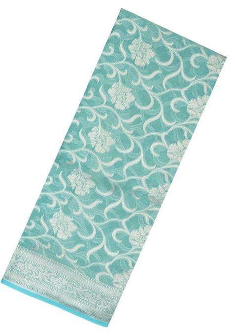 Turquoise Handloom Banarasi Tissue Silk Saree With Floral Vine Motifs With Buttas And Brocade Design For Women