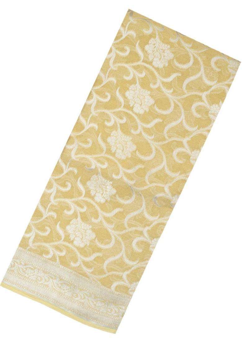 Yellow Handloom Banarasi Tissue Silk Saree With Floral Vine Motifs With Buttas And Brocade Design For Women - Indya