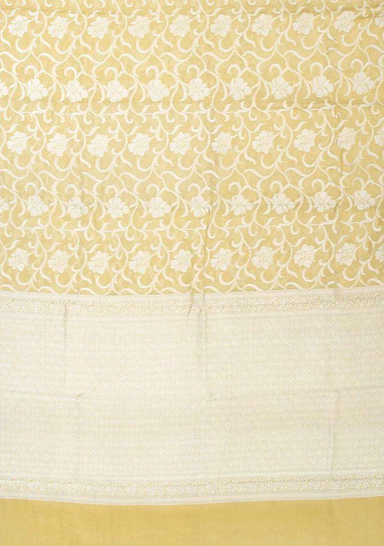 Yellow Handloom Banarasi Tissue Silk Saree With Floral Vine Motifs With Buttas And Brocade Design For Women - Indya