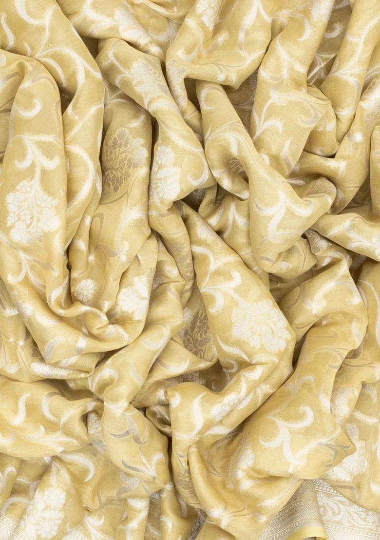 Yellow Handloom Banarasi Tissue Silk Saree With Floral Vine Motifs With Buttas And Brocade Design For Women - Indya