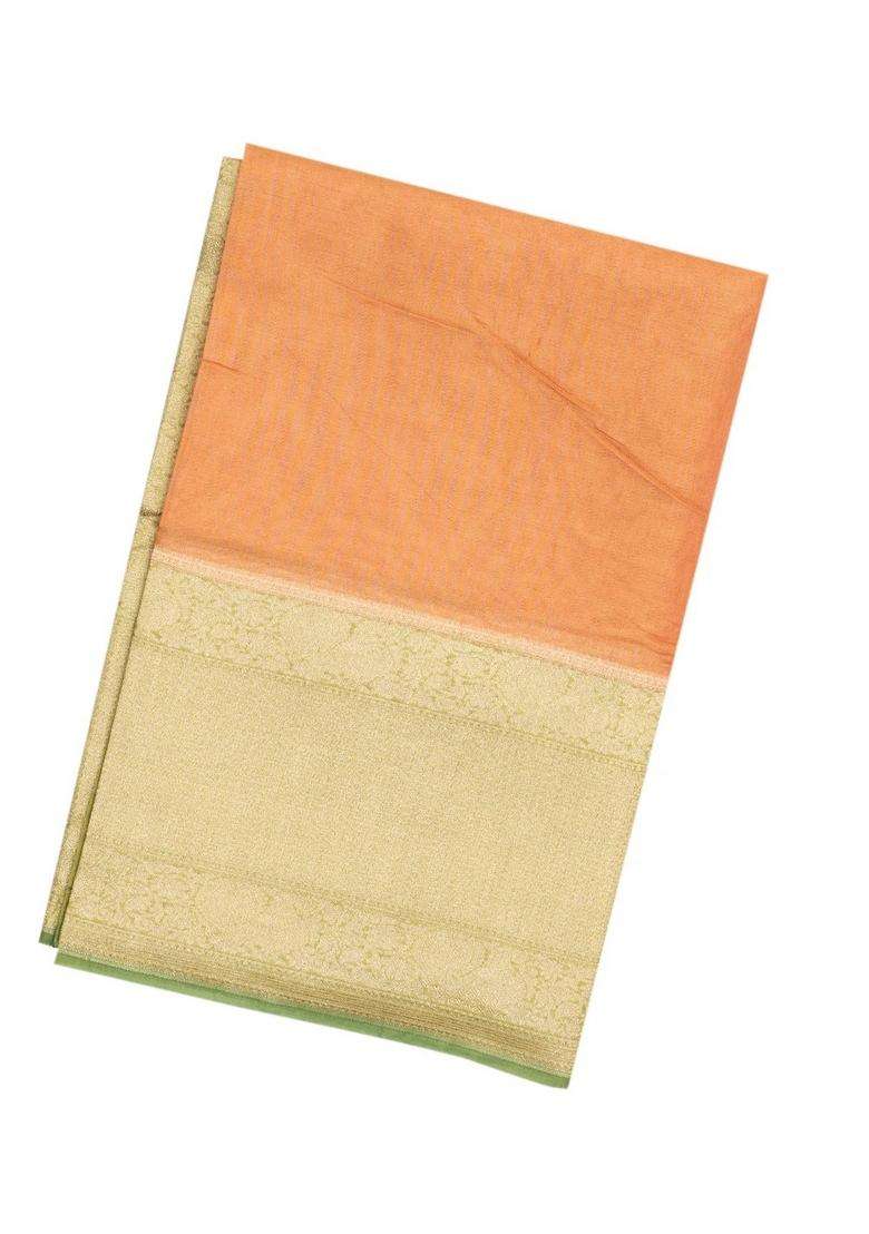 Peach Handloom Banarasi Tissue Silk Saree With Contrast Border With Traditional Woven Design For Women - Indya