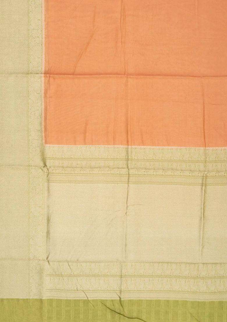 Peach Handloom Banarasi Tissue Silk Saree With Contrast Border With Traditional Woven Design For Women - Indya