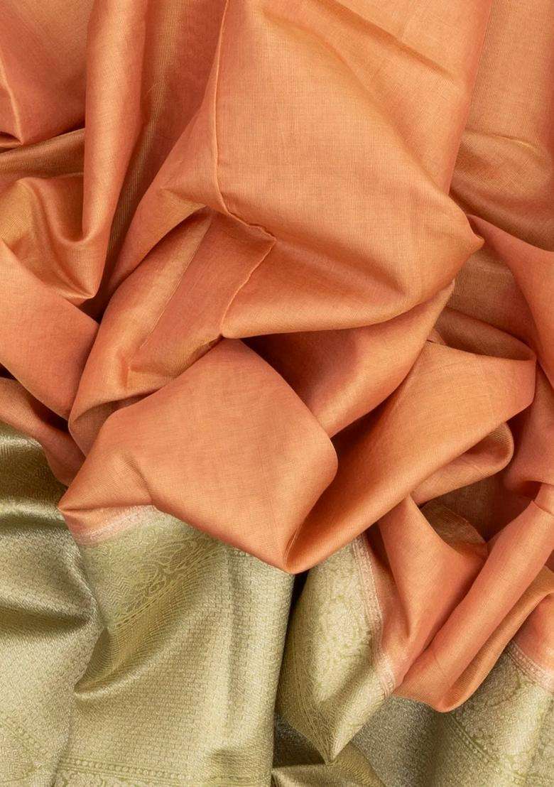 Peach Handloom Banarasi Tissue Silk Saree With Contrast Border With Traditional Woven Design For Women - Indya