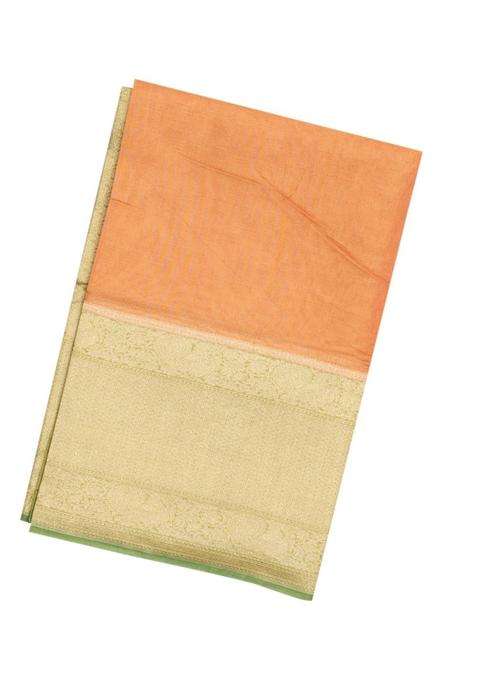 Peach Handloom Banarasi Tissue Silk Saree With Contrast Border With Traditional Woven Design For Women