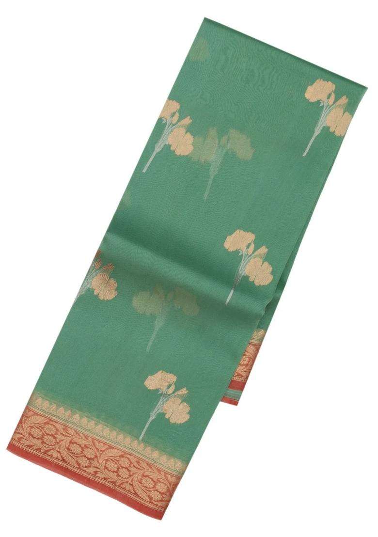 Mint Green Handloom Banarasi Organza Silk Saree With Floral Buttas With Buttas And Brocade Design For Women - Indya