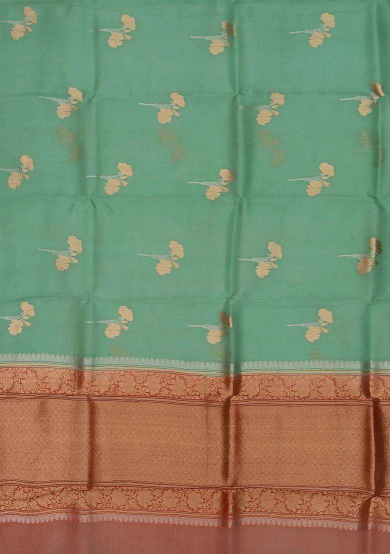 Mint Green Handloom Banarasi Organza Silk Saree With Floral Buttas With Buttas And Brocade Design For Women - Indya