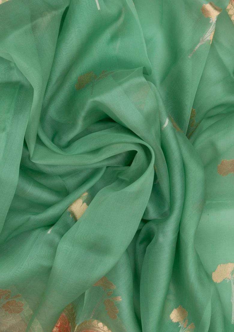 Mint Green Handloom Banarasi Organza Silk Saree With Floral Buttas With Buttas And Brocade Design For Women - Indya