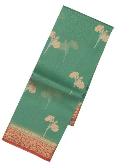 Mint Green Handloom Banarasi Organza Silk Saree With Floral Buttas With Buttas And Brocade Design For Women