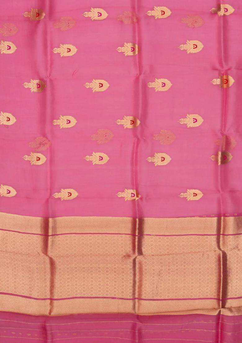 Bubblegum Pink Handloom Banarasi Organza Silk Saree With Floral Buttas With Buttas And Brocade Design For Women - Indya