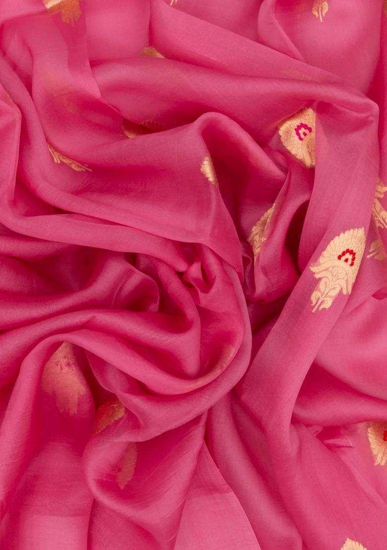 Bubblegum Pink Handloom Banarasi Organza Silk Saree With Floral Buttas With Buttas And Brocade Design For Women - Indya