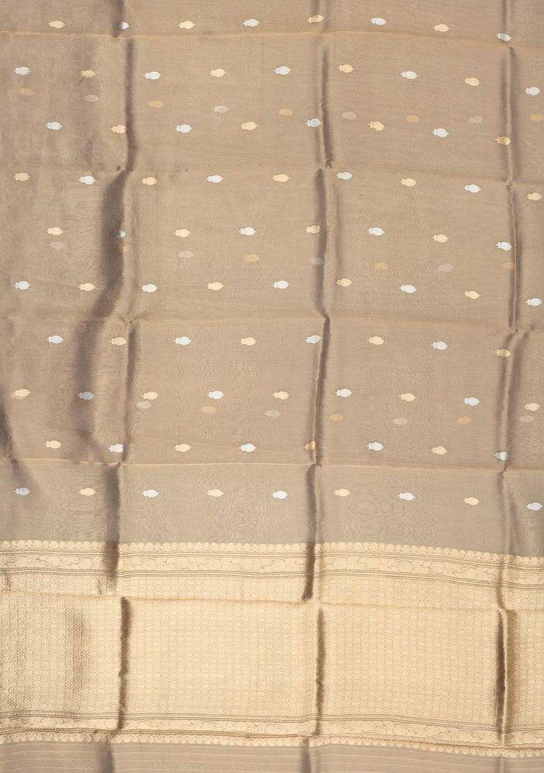 Beige Handloom Banarasi Tissue Silk Saree With Floral Buttas With Buttas And Brocade Design For Women - Indya