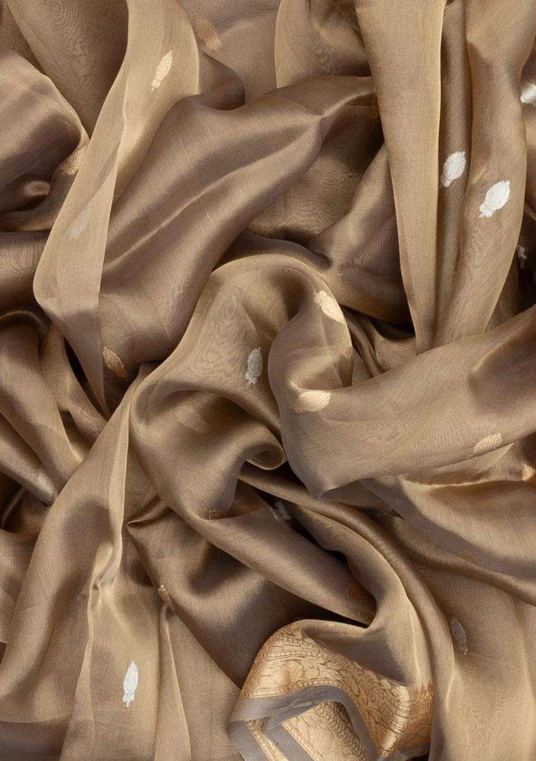 Beige Handloom Banarasi Tissue Silk Saree With Floral Buttas With Buttas And Brocade Design For Women - Indya