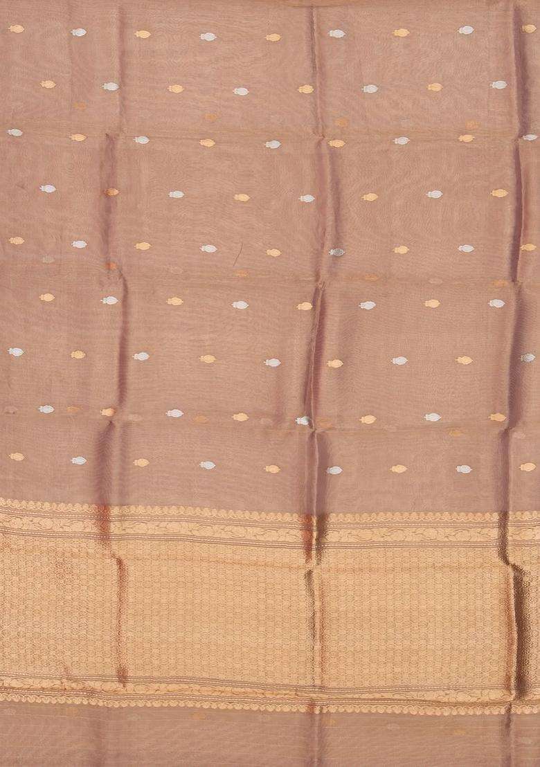 Light Peach Handloom Banarasi Tissue Silk Saree With Floral Buttas With Buttas And Brocade Design For Women - Indya