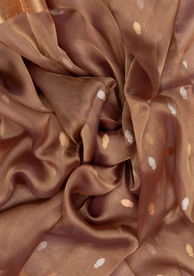 Light Peach Handloom Banarasi Tissue Silk Saree With Floral Buttas With Buttas And Brocade Design For Women - Indya