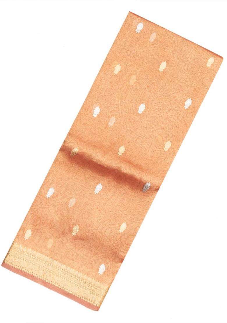 Peach Handloom Banarasi Tissue Silk Saree With Floral Buttas With Buttas And Brocade Design For Women - Indya