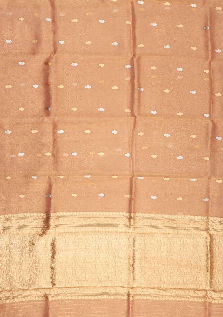 Peach Handloom Banarasi Tissue Silk Saree With Floral Buttas With Buttas And Brocade Design For Women - Indya