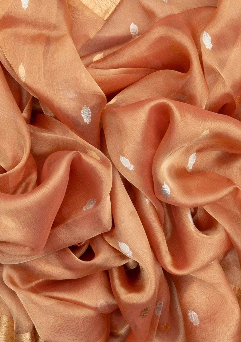 Peach Handloom Banarasi Tissue Silk Saree With Floral Buttas With Buttas And Brocade Design For Women - Indya