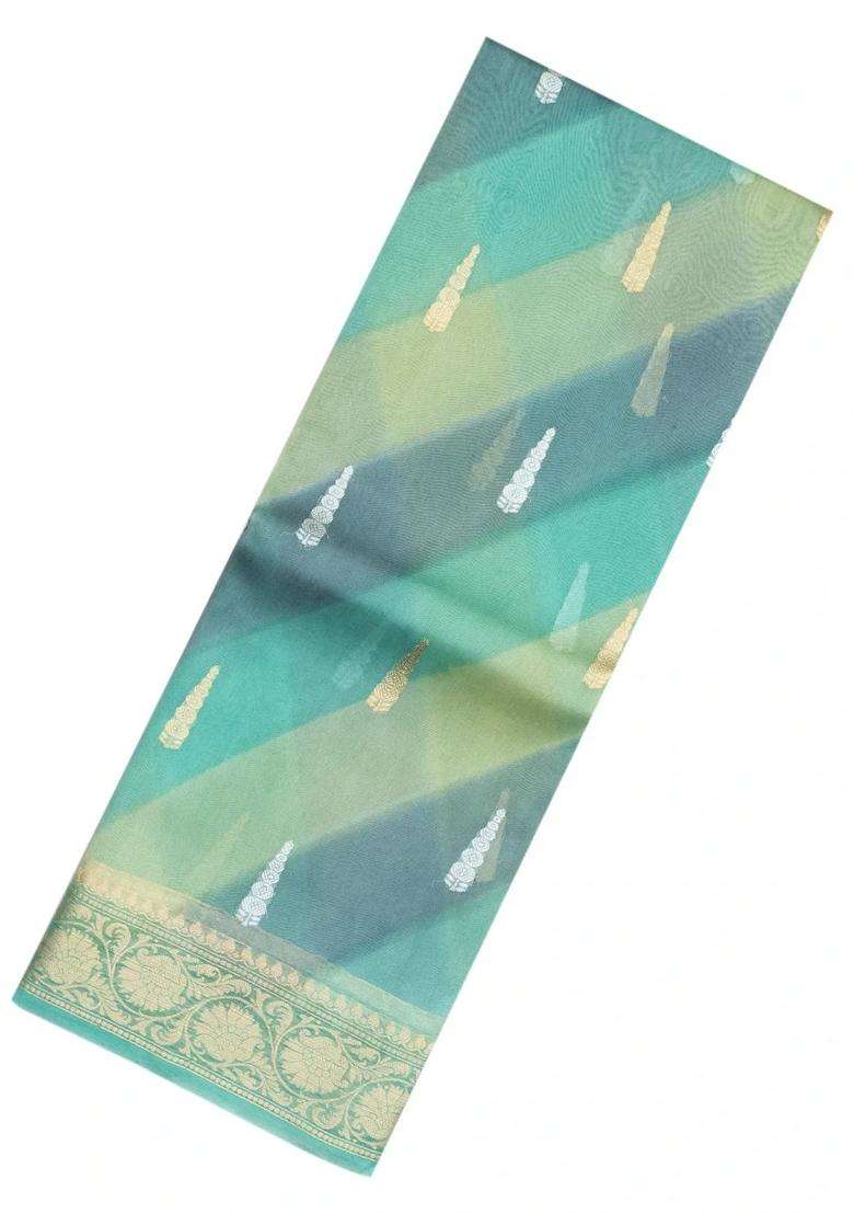Aquamarine Handloom Banarasi Organza Silk Saree With Ombre Floral Motifs With Buttas And Brocade Design For Women - Indya