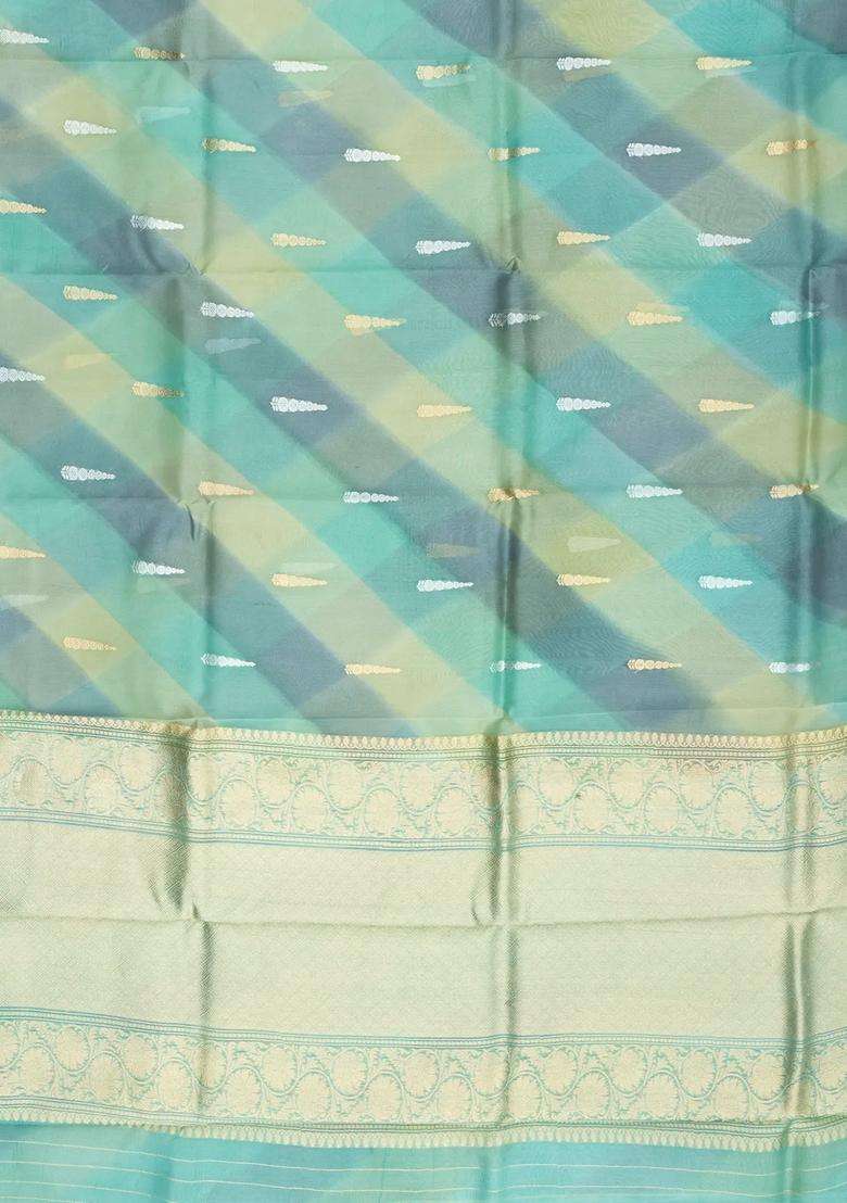 Aquamarine Handloom Banarasi Organza Silk Saree With Ombre Floral Motifs With Buttas And Brocade Design For Women - Indya