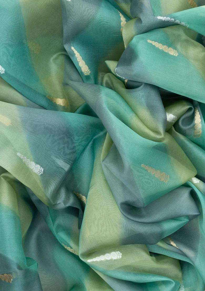 Aquamarine Handloom Banarasi Organza Silk Saree With Ombre Floral Motifs With Buttas And Brocade Design For Women - Indya