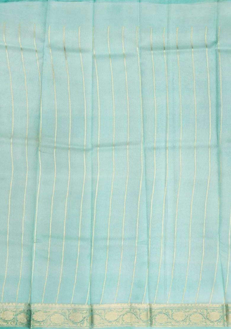 Aquamarine Handloom Banarasi Organza Silk Saree With Ombre Floral Motifs With Buttas And Brocade Design For Women - Indya