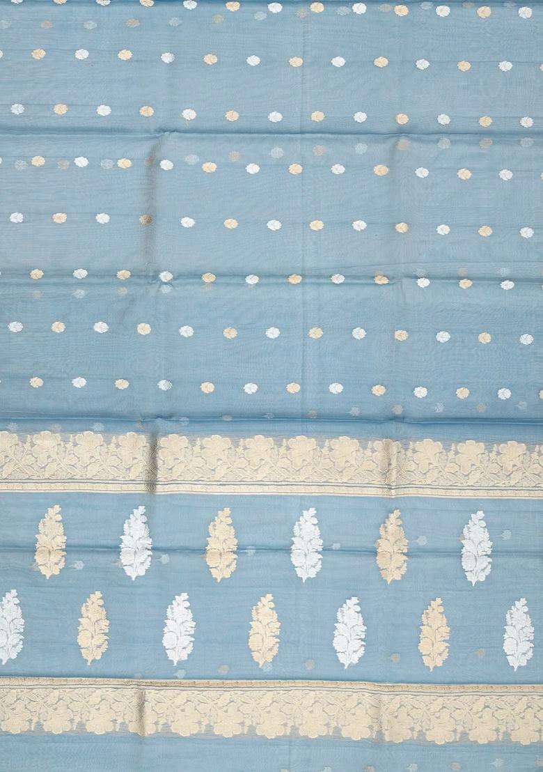 Grey Handloom Banarasi Tissue Saree With Floral Motifs With Buttas And Brocade Design For Women - Indya