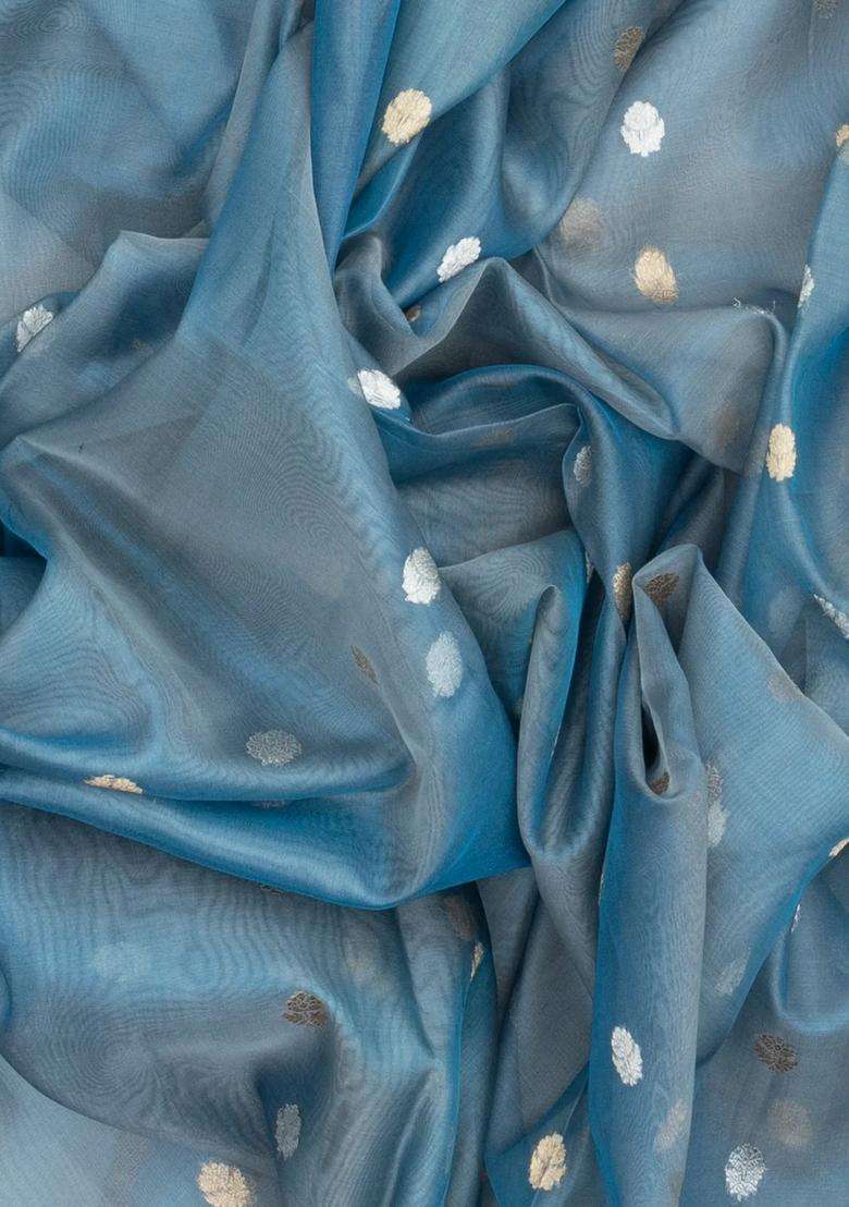 Grey Handloom Banarasi Tissue Saree With Floral Motifs With Buttas And Brocade Design For Women - Indya