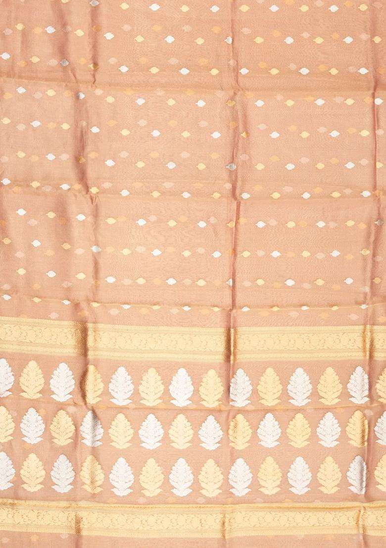 Light Peach Handloom Banarasi Tissue Silk Saree With Floral Motifs With Buttas And Brocade Design For Women - Indya